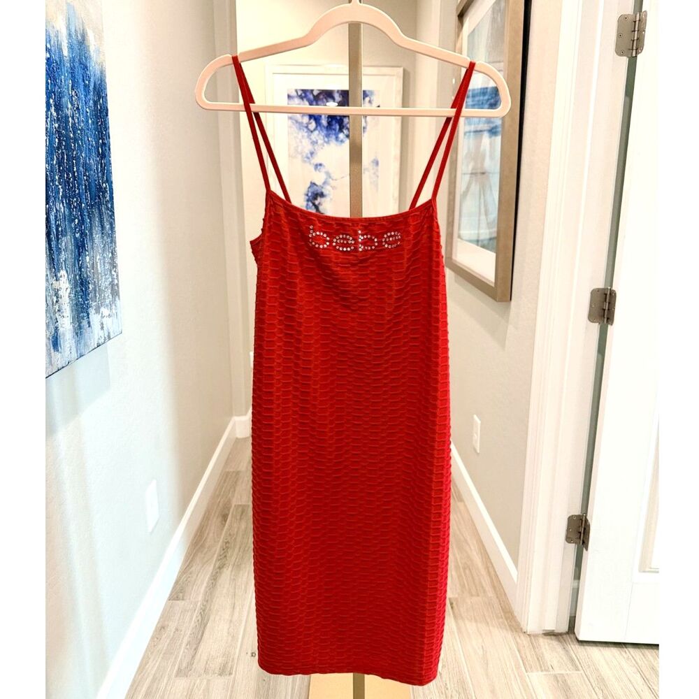 NWOT Bebe Red Rhinestone Logo Midi Dress XL Y2K Bodycon Homecoming Party